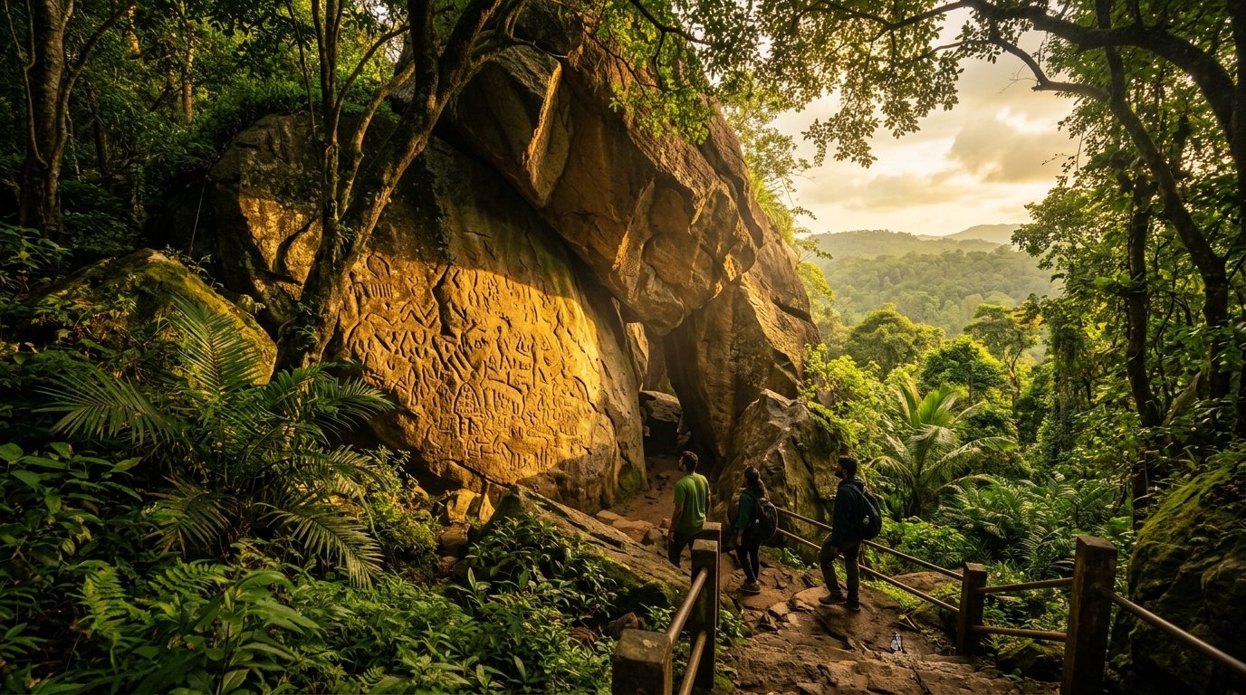 Ancient rock carvings at Edakkal Caves near Cave Aura